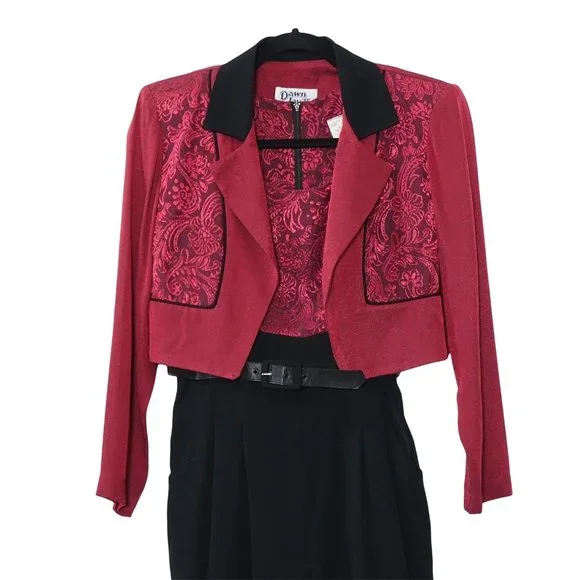 Black Wine Jumpsuit, with Cropped Jacket, Jaquard Floral Pattern, by Dawn Joy II - Picture 2 of 10